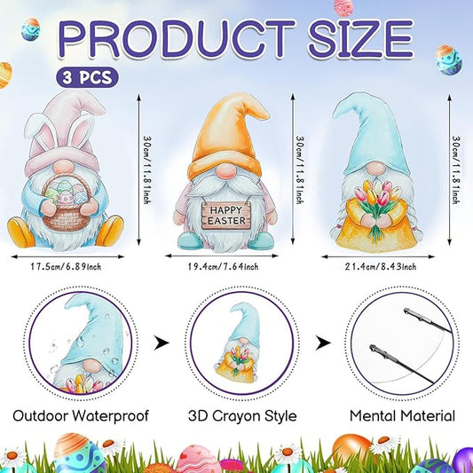 DoubleFill 3 Pcs Easter Decorations Outdoor 3D Metal Easter Eggs Tulip Yard Signs Decorative Garden Stakes Eggs Bunny Gnome Lawn Decorations Yard Decor for Spring Lawn Pathway Garden(Gnome Style)