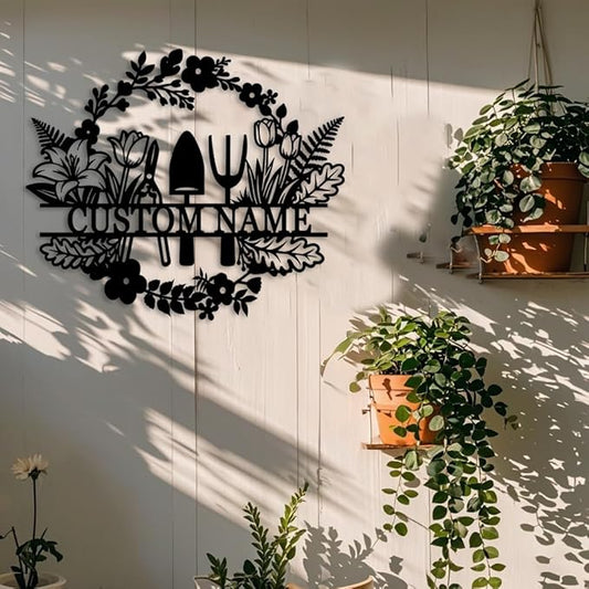 Custom Garden Metal Name Sign,Personalized Garden Tools with Flowers wall art,Gift For Gardener,Outdoor Yard Greenhouse decor style-21