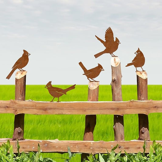 Bnesi 5PCS Metal Cardinal Garden Decor Set Yard Art Bird Decor for Garden Decor Outdoor Ornaments as Fence Decorations Outdoor Ideal for Spring Yard Decor and Farmhouse Statues (Cardinal Bird)