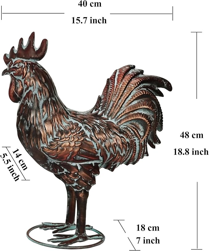 Metal Rooster Yard Decor 15.7" L x 18.8" H Large Outdoor Chicken Sculpture Yard Art Antique Copper Garden Statues for Backyard Patio Lawn Home Farmhouse Kitchen Decorations