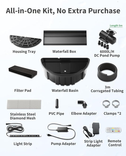 POPOSOAP 24inch Pond Waterfall Spillway with Filter Box & 1600GPH Pump, Self-Circulating Water Feature with LED Lights, Pondless Waterfall for Garden Backyard Courtyard Landscape Decoration-P7665