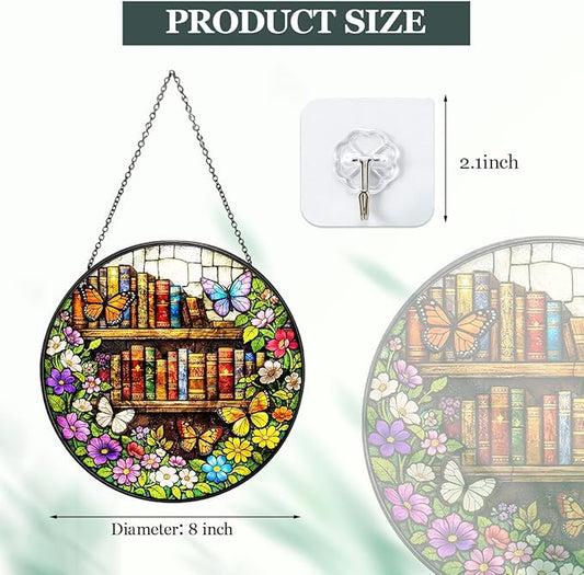 Butterfly Bookshelf Stained Glass Window Hanging – Round Floral Suncatcher with Chain, Colorful Glass Ornament for Reading Room Home Garden Decor Gift, 8 Inch