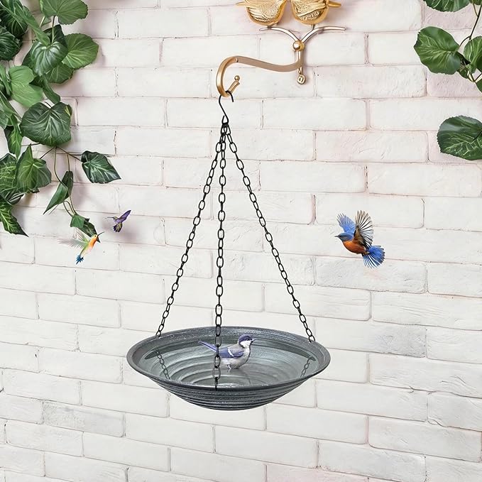 13 inch Rain Chain Basin, Metal Rain Chains Anchoring Bowl Dish, DIY Rain Chain Basin for Gutter Downspout, Hanging Birdbath for Outdoor Garden Patio Decor, Grey