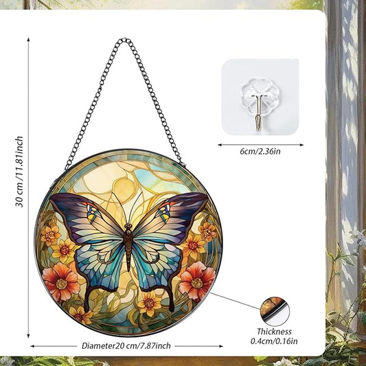 Rngmsi Butterfly Stained Glass Window Hanging Decor, 7.8″ Sun Catchers Stain Glass Window Hanging Indoor, Flower Suncatcher with Hook Home Wall Art Gift for Thanksgiving Christmas Housewarming