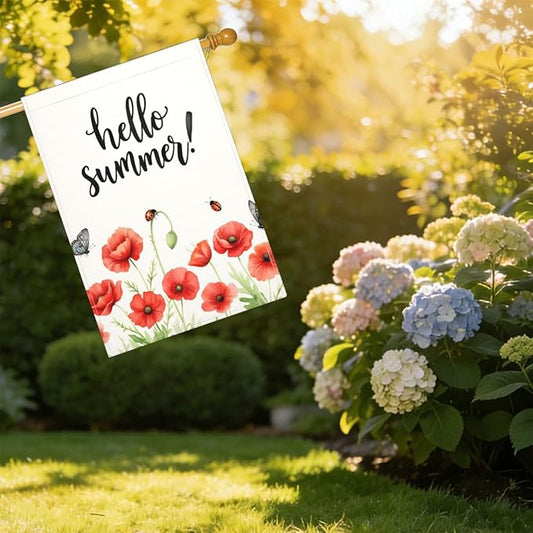 Mugod Hello Summer House Flag 28x40 Inch Vertical Double Sided, Red Poppies Flower Farmhouse Burlap Yard Flag for Outdoor Holiday Decor