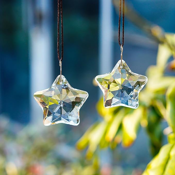 H&D HYALINE & DORA 2 Pcs 2" Crystal Sun Catcher Prisms for Windows Star Chandelier Crystals Clear Hanging Crystals for Patio,Chandelier,Garden Decoration