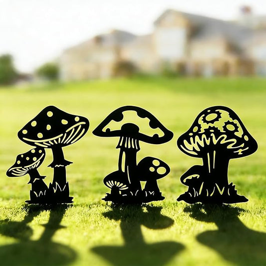 Resama Black Metal Mushroom Garden Stakes Set of 3, Black Yard Decor Art Decorative Garden Stakes, Outdoor Lawn Ornaments for Patio Flower Bed Porch Pathway Yard Decorations