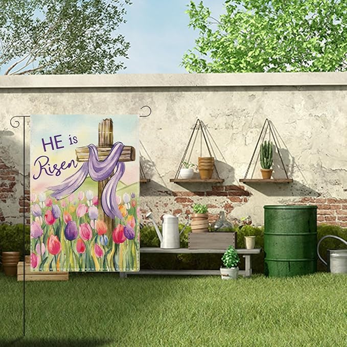 He Is Risen Easter Garden Flag Christian Cross Tulip Easter Garden Flag Decor Spring Double Sided House Flag for Outside Yard Decorations 12×18 Inch