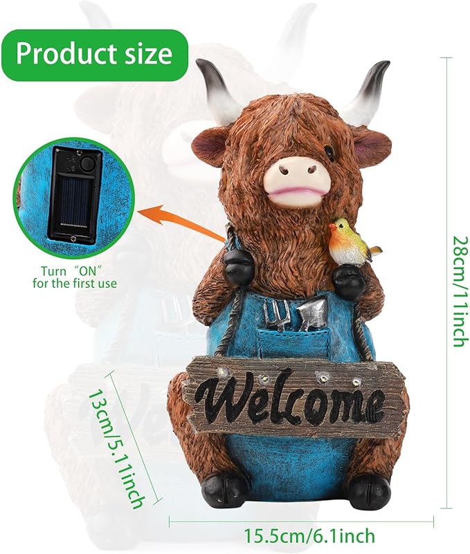 V-Ladybug Solar Garden Statues -Highland Cow Outdoor Handmade Resin Statue with LED Light, and Welcome Holder for Patio, Yard, Gift Ideas