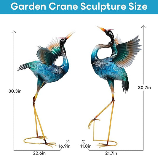 Garden Statues Large Metal Crane Sculptures, Outdoor Heron Metal Statue Yard Art for Garden Decor, Realistic Bird Art for Outdoor Decor, Standing Lifelike, Water&Rust-Proof, Set of 2 Sky Blue
