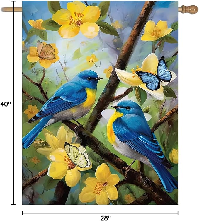 Large Spring Summer House Flags 28x40 Double Sided Bluebird Garden Flag Floral Birds Flag for Outside Porch Yard Outdoor Flower Garden Decor