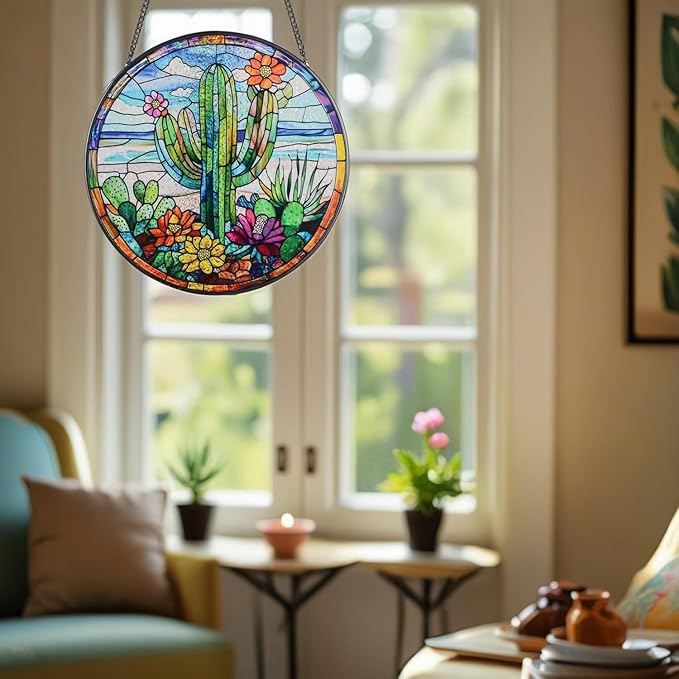 Cactus Suncatcher Decor, Cactus Stained Glass Window Art Beach Decor Sea Glass Hanging - 7.9" Outdoor/Indoor Art Decor for Home Garden