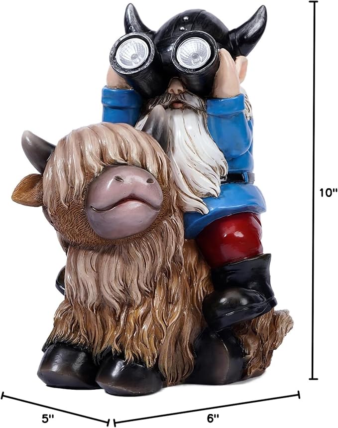 Joint Honglin Garden Gnome Statues Resin Gnome Sitting on Highland Cow Solar LED Lights Outdoor Telescope Gnome Decorations