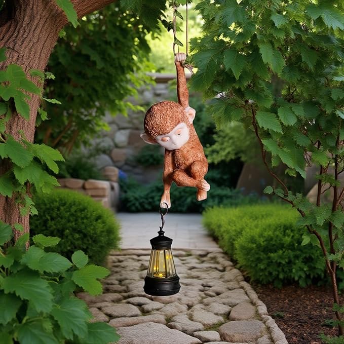 Solar Powered Hanging Monkey Figurine with LED Lantern Resin Climbing Baby Chimpanzee Vine Statue for Garden, Yard, Wall Decor – Waterproof, Durable & Adorable Outdoor Solar Light
