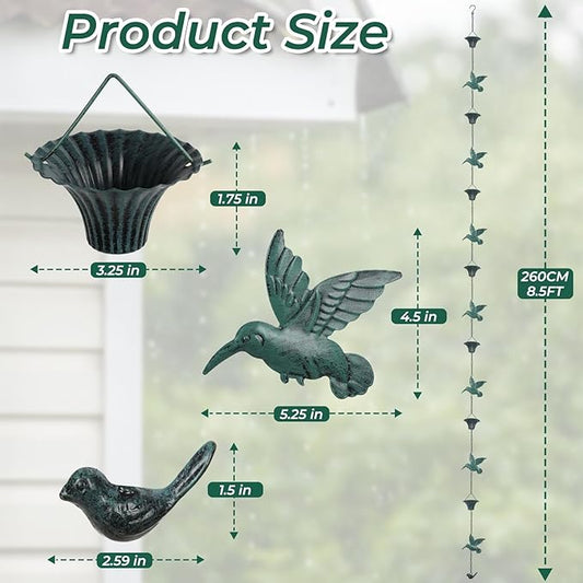 8.5FT Blue Hummingbird Rain Chain for Gutters, Decorative Downspout Alternative for Outdoor Garden & Patio, Designed for Heavy Rain Water Flow