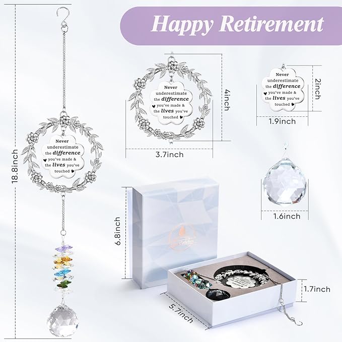 Retirement Gifts for Women, Sun Catcher Gift with Engraved Happy Retirement Message, Hanging Crystal Sun Catcher Ornament for Window Rainbow Maker, Appreciation Gift for Retired Teacher, Friends, Mom