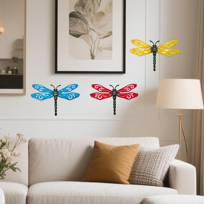 LWINGFLYER 4PCS Metal Butterfly Wall Decor Butterflies for Garden Wall Art Decoration for Fence Patio Accents Balcony Features Beautify Backyards Gardens Porch Living Areas (Dragonfly)