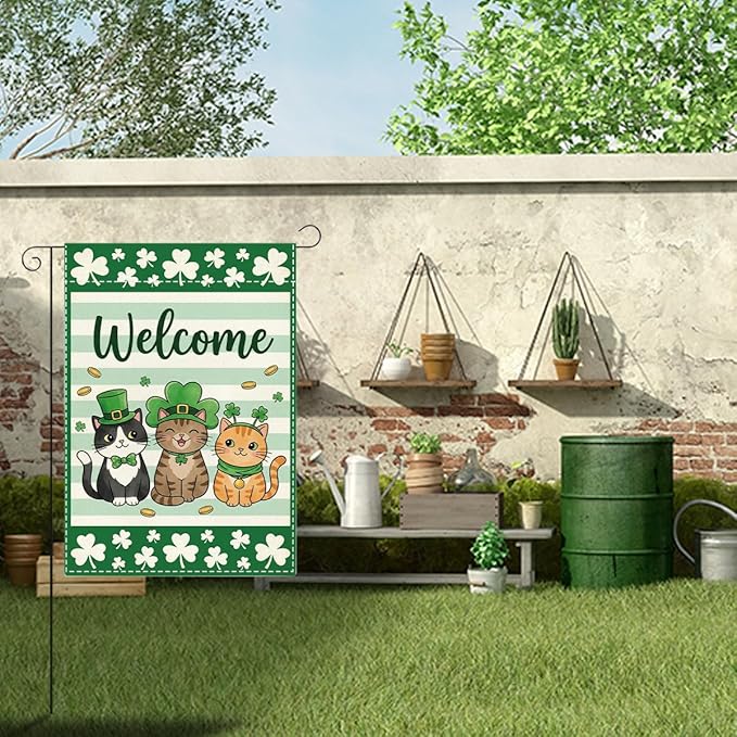 Cat Welcome St Patricks Day Garden Flag Lucky Shamrock Irish March Garden Flag St Patricks Day Double Sided Outdoor House Flag for Outside Yard Decorations 12×18 Inch