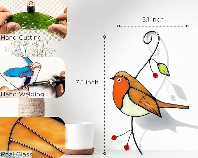 Robin Stained Glass Window Hanging - Handmade Real Glass Robins Suncatcher - Gifts for Women, Mom, Grandma, Mother - Elegant Gifts Box Bird Sculpture Home Decor (H7.5xW5.1 Inch)