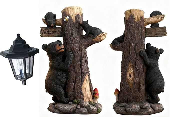 Bear Statue Welcome Sign Garden Statue with Solar Lights, 19 Inches Resin Bear Family on The Tree, Outdoor Bear Décor for Yard, Garden, Lawn, Patio, Black, Spring Decorations for Home