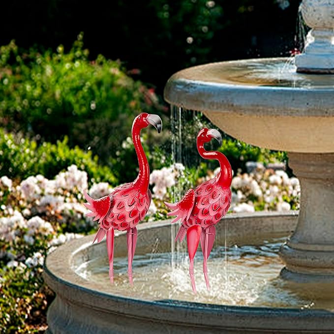 2Pcs Flamingo Garden Statues Metal Pink Flamingos Sculptures for Outdoor Backyard Decor Patio Lawn Porch Yard Decoration (Pink)