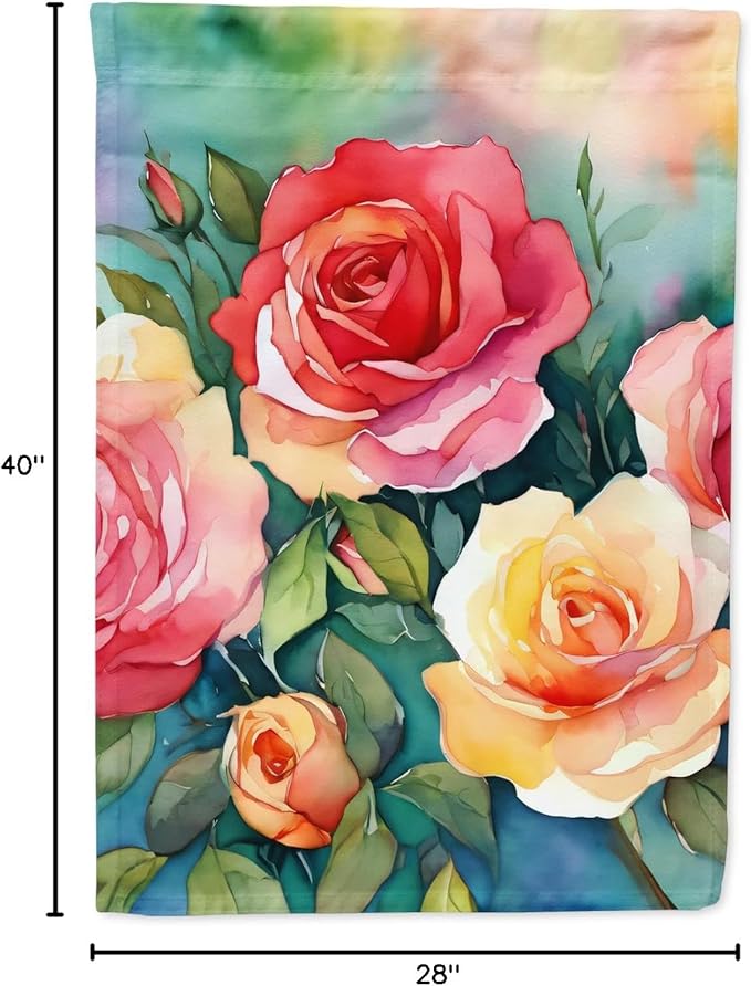 Caroline's Treasures Oklahoma Roses in Watercolor House Flag Large Porch Sleeve Pole Decorative Outside Yard Banner Artwork Wall Hanging, Polyester, House Size, Multicolor