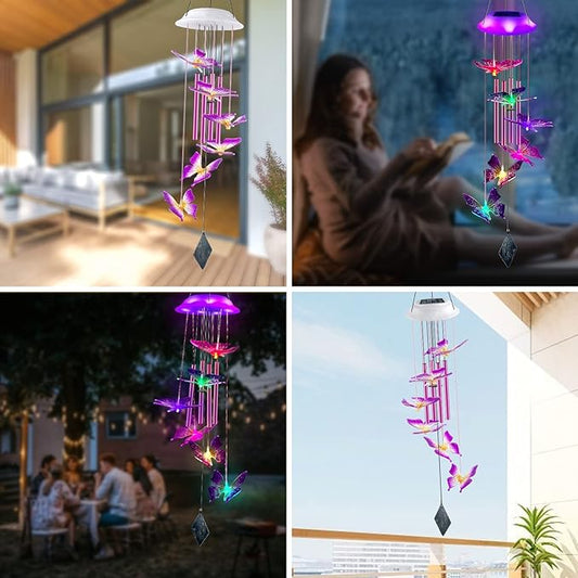 Lightalent Solar Butterfly Wind Chimes, Gifts for Mom Women, Glowing Top Changing Colors LED Wind Chime for Outside with 4 Iron Tubes, Outdoor Decor Mobile for Garden Yard (Purple)