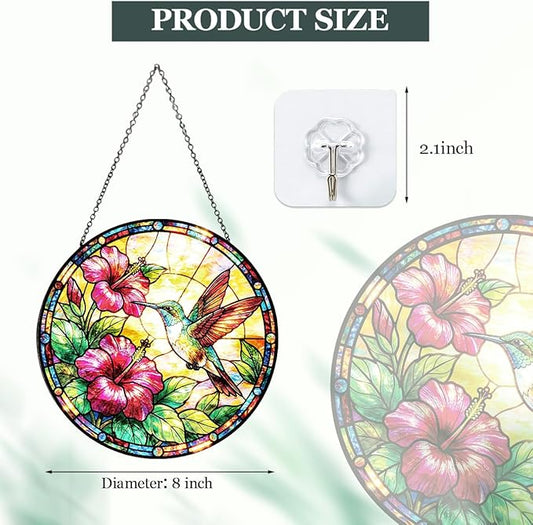 Hummingbird Stained Glass Window Hanging – Round Floral Suncatcher with Chain, Colorful Glass Ornament for Living Room Home Garden Decor Gift, 8 Inch