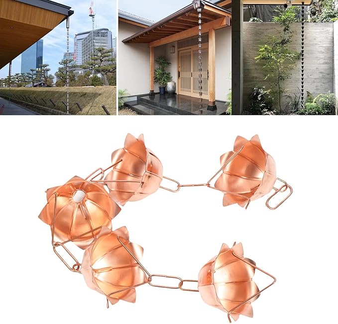 Copper Elegant Hanging Rain Chain Efficiently Manages Water for Garden and Yard (Petal Shaped)