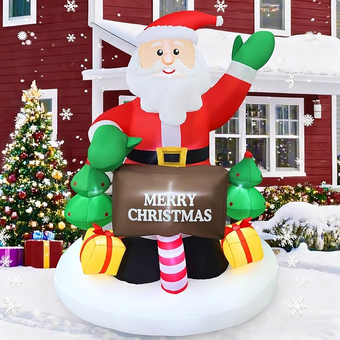 6FT Christmas Inflatable Waving Santa 6FT Holding Sign Santa Claus Christmas Inflatables Outdoor Decorations Xmas Santa Blow Up Yard Decor with 8 Built-in LEDs for Yard Garden Lawn(with Storage Bag)