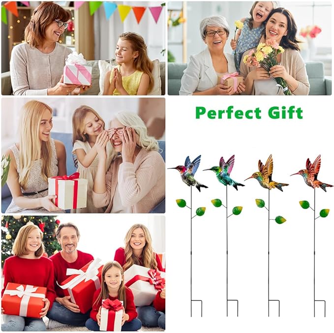 4 Pack Hummingbird Decorative Garden Stakes,Waterproof Garden Decor for Outside,Metal Yard Art Spring Decor for Outdoor Porch Lawn Pathway