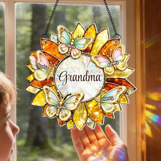 Personalized Grandma Mom Sunflower Butterfly Acrylic Sun Catcher Ornament, Custom Grandma Gifts for Mothers Day, Nana Gift from Grandkids, Custom Family Window Hanging Home Decor