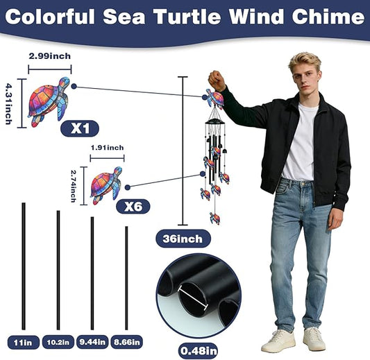 36" Sea Turtle Wind Chimes for Outside that Hum Bright, Cheerful Melodies, Aluminum Windchimes with 4 Tubes & 6 Bells, Sea Turtle Gifts for Women Mom Grandma, Patio Garden Memorial Decor