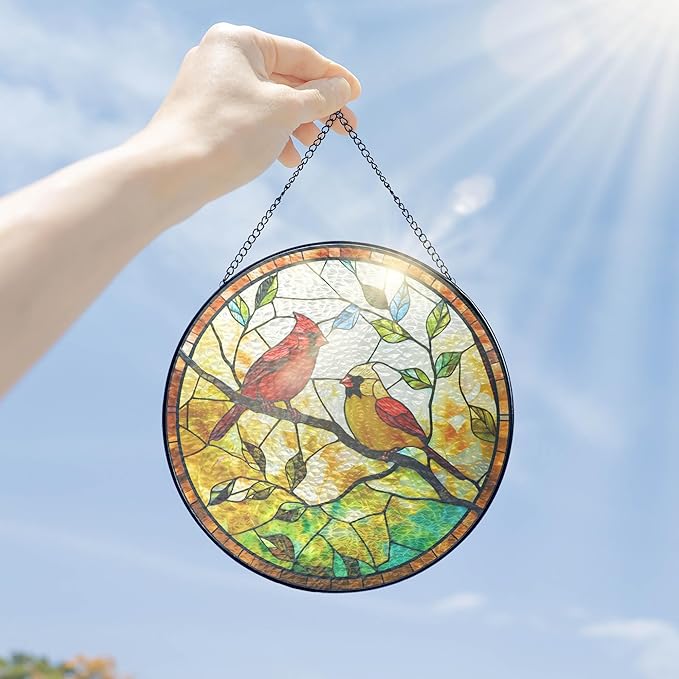 FLAGWIX Christmas Red Cardinal Gifts for Women Men - Stained Glass Window Hanging 10 in - Sun Catchers Indoor Window for Home Decor, Sympathy Bereavement Cardinal Memorial Gift, Christmas Decorations