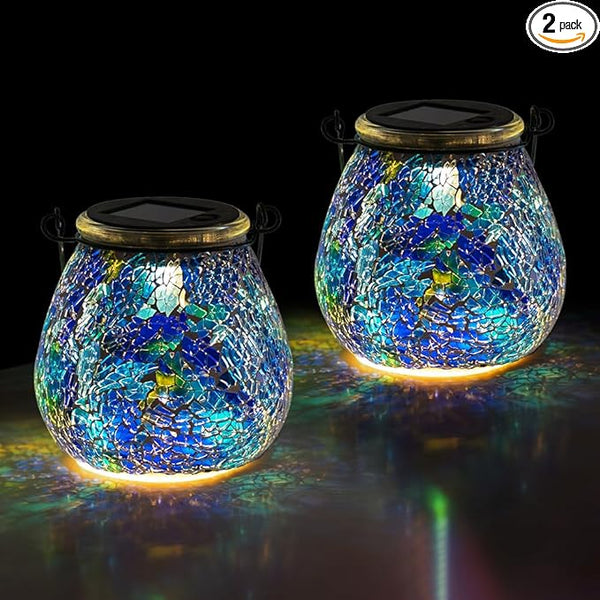 Stargarden 2Pack Mosaic Solar Lantern ,Outdoor Hanging Waterproof Mosaic Light Solar Table Lamp for Garden ,Patio,Yard Decor (Blue )