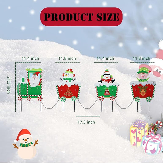 Christmas Yard Stakes Light Up Christmas Yard Decorations with LED Santa Claus Snowman Penguin Clown in Train Lighted Metal Garden Stakes Outdoor Xmas Stake Lawn Pathway Outdoor Decoration