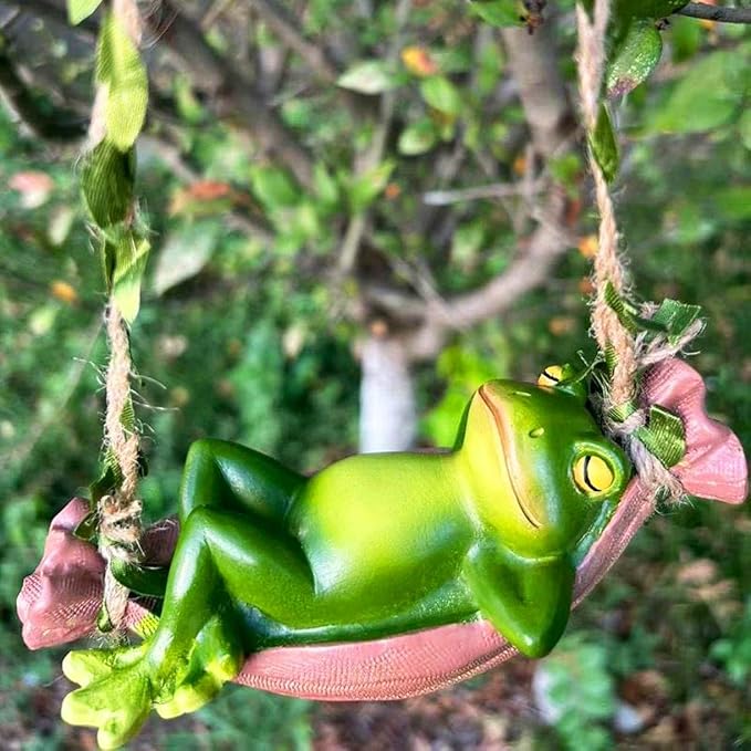 Hanging Frog Statue,small Resin Swing Frog Statue,Ornament Green frog on swing with Hemp Rope and Leaf Vines,Indoor and Outdoor Hanging Decor for Garden,Patio ,Home.Gifts for Women.(Pink,Green )