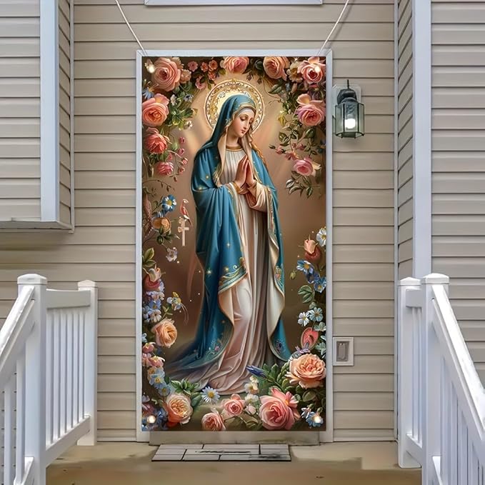 Virgin Mary Door Cover Banner Religious Floral 71x35 Inch Holy Mother Door Sign for Front Door Prayer Room Church Door Cover for Easter Christmas Spiritual Home Decor