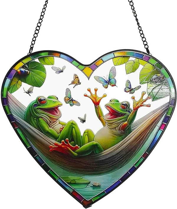 Stained Glass Window Hanging, Frogs on a Swing Sun Catcher for Indoor Outdoor Decor, Funny Frogs Theme Heart Shape Ornament Birthday Gift for Women, Men