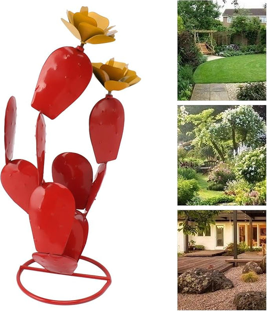 Metal Prickly Pear with Flowers, Iron Rustic Statue, Handcrafted Desert Garden Decor Sculpture for Yard Lawn Patio, Red Outdoor Metal Art