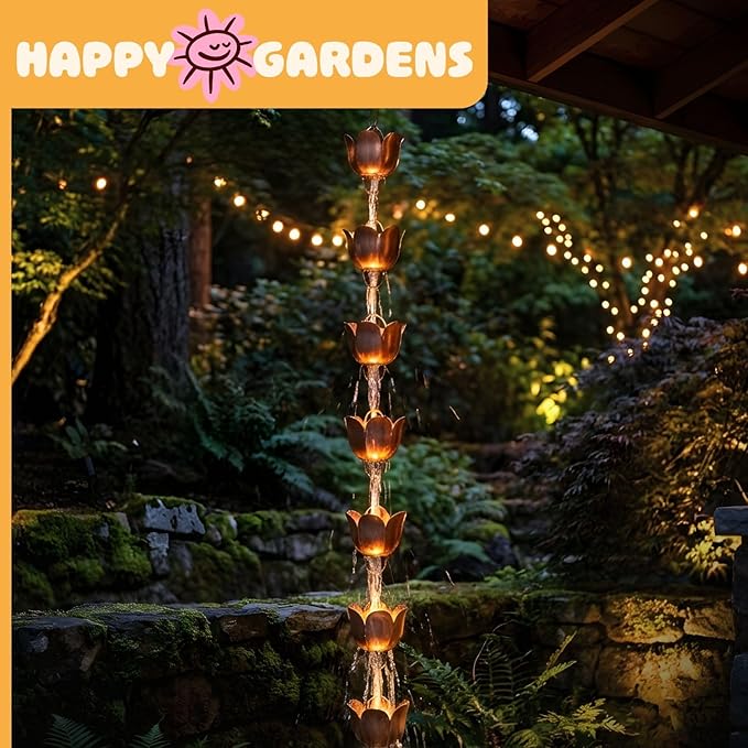 Happy Gardens Handcrafted Lily Cup Rain Chain (Flamed Finish) Outdoor Metal Hanging Rainwater Catcher for Outside Yard Gutter Downspout Substitute for Drainage