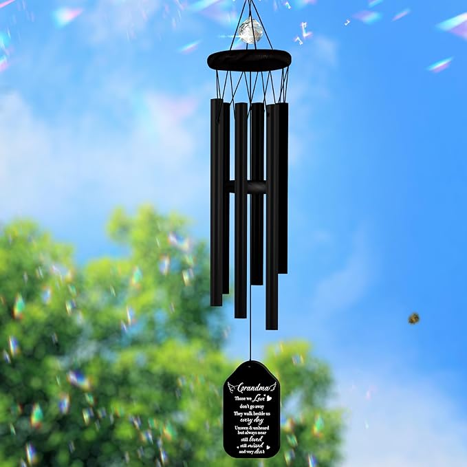 Crystal Sympathy Wind Chimes Loss of Grandma Black Memorial Remembrance Keepsake Grammy Gigi Nanny in Memory Condolence Gift for Family Fiends Funeral Garden Window Outdoor Hanging HW12-RB-GM