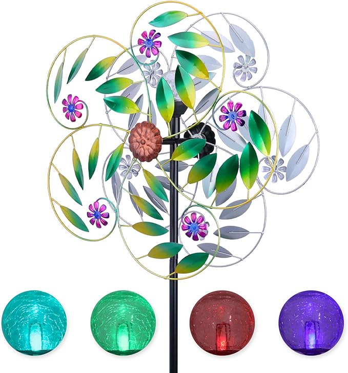 Solar Wind Spinner Metal Garden Decor, Wind Spinners Outdoor Clearance, Multi Color Changing LED Solar Powered Glass Ball Kinetic Wind Sculptures Windmills for Yard Patio Outdoor Decoration