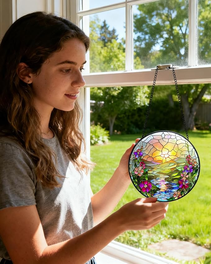 Stained Glass Window Hanging, Sunrise Lake Sun Catchers Glass Panel, Suncatcher Window Decor 8", Birthday for Women Men Mom and Friend Colleague
