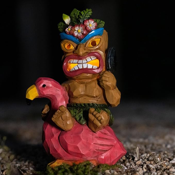 Solar Tiki Statue,Outdoor Statues - Statue-Tiki Bar Decor-Tiki Decorations Outdoor Patio Decor for Bar, Patio, Balcony, Yard,Lawn Ornament,Riding a Flamingos 10inch Tall