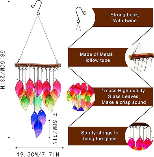 Glass Wind Chimes Suncatcher for Outside,23" Colorful Glass Leaf Wind Chimes Outdoor,Crystal Hanging Wind Chime for Home,Garden,Patio and Yard Decor