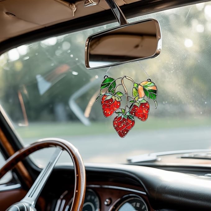 Strawberry Branch Acrylic Suncatcher, Boho Suncatchers for Window Hangings, Stained Glass Effect Indoor Outdoor Garden Decor for Berry Lover, Gifts for Mother's Day, Mom, Grandma, Wife, Women