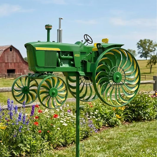 Garden Wind Spinner, Green Tractor Windmill Stake with Rotating Wheels for Patio Yard Garden, Unique Outdoor Sculptures Ornament Gift for Friends Family