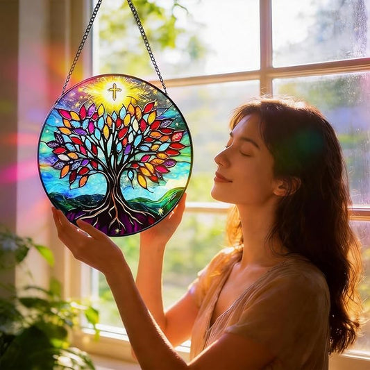 Stained Glass Window Hanging Tree of Life Sun Catcher Indoor, Window Garden Decor Art, Stained Glass Suncathers, Christian Gifts for Women,Mom, Grandma,Friends and Wife Gifts 7.8’’ Blue