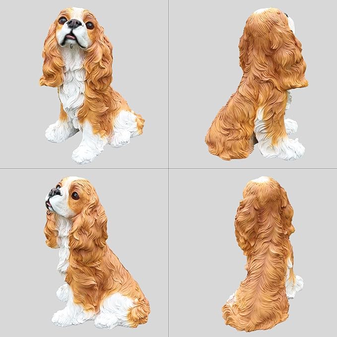 Cavalier King Charles Spaniel Dog Garden Statue with Solar Lantern, Lifelike Outdoor Puppy Sculpture with Interchangeable Welcome & On Patrol Sign, Resin Yard Art Decor for Patio Lawn Porch